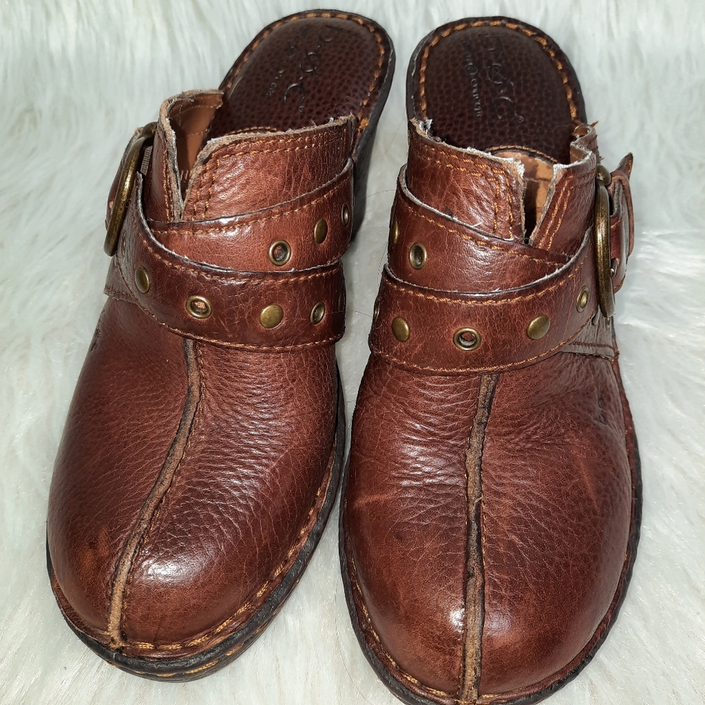 BOC Mules Brown Leather Buckle Platform Heeled Clogs SZ 7 - Picture 8 of 8